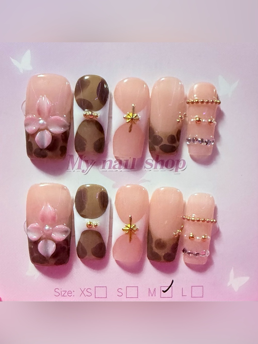 Nude Pink & Brown Leopard Accent False Nail Set -